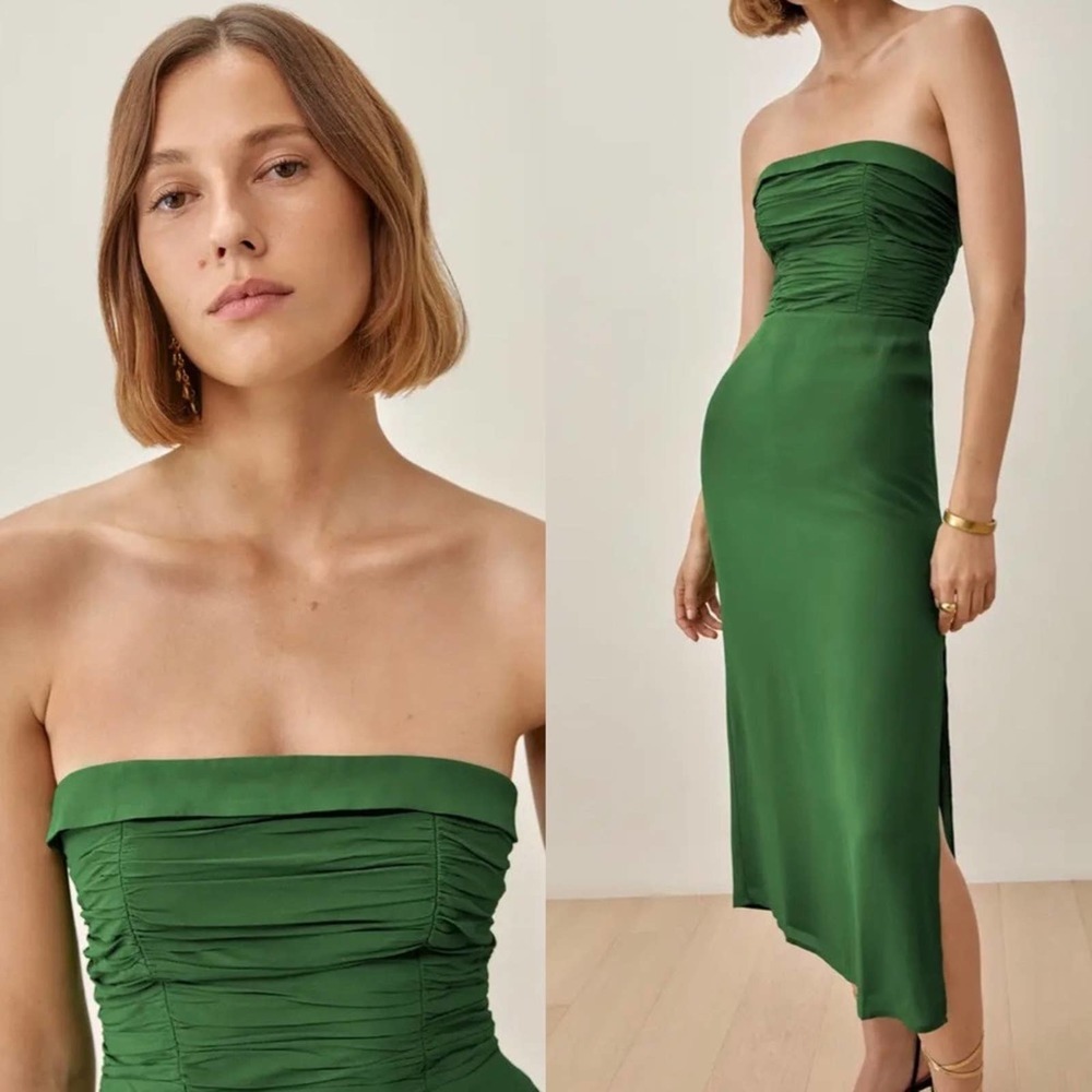 Reformation Green Lore Ruched Strapless Midi Dress Size 2